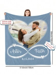 Custom Photo Blanket With Text, Personalized Picture Throw, Contemporary Style, All-Season Flannel Knit Fabric, 260-300gsm, Ideal For Couples, Valentine's, Birthday, Anniversary Gift, Personalized Blanket