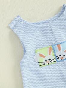 Baby Girl Boy Sleeveless Romper With Rabbit And Vertical Stripes Jumpsuits Perfect For Easter Every Day Wear - Blue - View 7