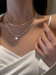 Nooxian 2 Pieces Set Fashionable Simple Silver Sparkling Double-Layer Star Pendant Necklace, Copper Inlay Glistening Zirconia - Silver - View 2
