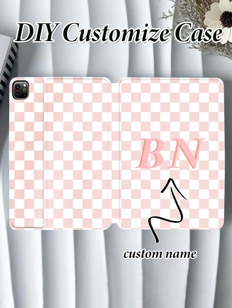 1pc Personalized Customized Letter Plaid Protective White Tablet PU Leather Case Compatible With IPad Pro 13, IPad Air 13 Models - White - View 1