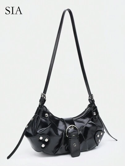 女士轻便便携式复古斜挎包：朋克和哥特式 Y2K 风格素食皮革摩托车钱包，配有铆钉、金属链和可调节肩带 - 适合青少年、大学女生、街头时尚、音乐会、音乐节和前卫服装的配饰。