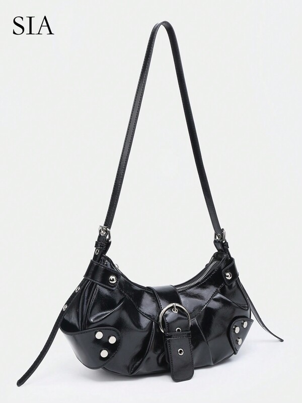 Lightweight Portable Vintage Crossbody Bag For Women: Punk & Gothic Y2K Style Vegan Leather Motorcycle Purse With Rivets, Metal Chains & Adjustable Strap – Accessories For Teens, College Girls, Street Fashion, Concerts, Music Festivals, And Edgy Outfits., 2000s Fashion Style Bag For Women