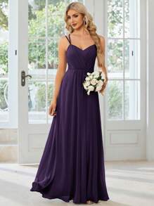 EVERPRETTY Spring Solid Color Minimalist Ruched Backless Criss-Cross Deep Purple Bridesmaid Dress Wedding Guest Gown For Wedding - Purple - View 5
