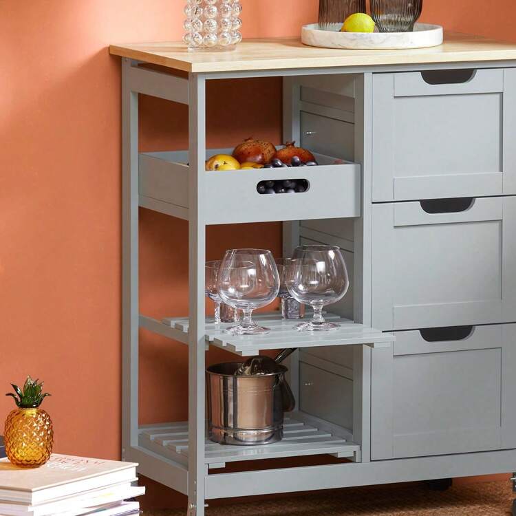 SoBuy FKW79-HG, Xe đẩy nhà bếp Xe đẩy lưu trữ nhà bếp Xe đẩy phục vụ có 3 ngăn kéo và khay có thể tháo rời, Màu xám - Xám - Xem 5