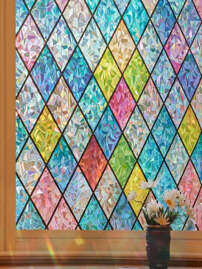 Window Privacy Film Stained Glass Window Clings 3D Rainbow Film For Glass Door Decorative Colorful Lattice Stickers Static Cling Sun Blocking Window Coverings For Home,