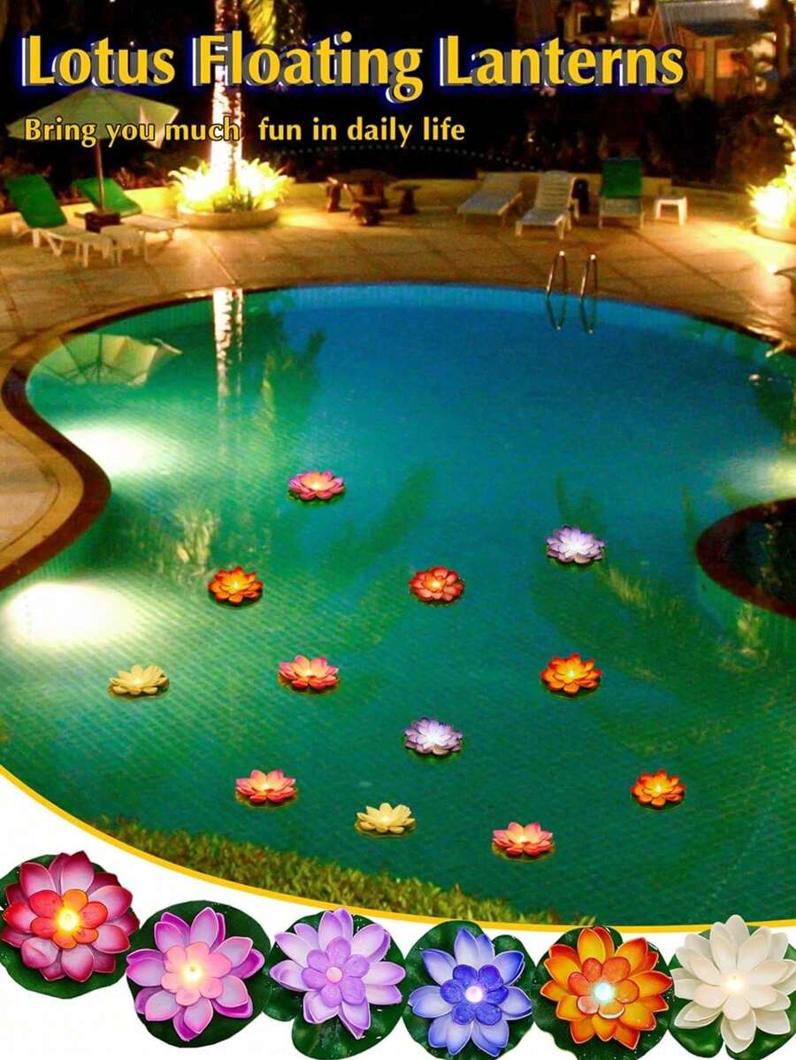 6 件防水浮动 LED 莲花和睡莲灯，适用于泳池装饰、夜灯、许愿灯、河流或游泳池装饰 - 彩色 - 查看 1