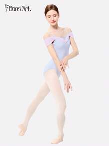 DonsGirl 1pc Women's Off Shoulder Ruched Mesh Front Ballet Leotard, Princess Style, Sweet & Bodycon - Baby Blue - View 4