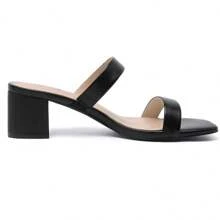 Athlefit Stylish Women's Two Strap Open Toe Heels Sandals Chunky Block Comfortable Slip On Low Heel Dress Shoes - màu đen - Xem 2