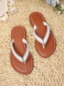 1 Pair Plus Size Sparkly Brown Toddler/Little Girls' Thong Sandals, PU Strap Design Round Toe Flat Non-Slip Fashion Minimalist Roman Slide Sandals, Suitable For 3-15 Years Old Girl Students Daily, Casual, Travel, Summer - Brown - View 3