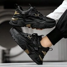 Multi Functional Thick Soled Men's Skateboarding Shoes Sports Shoes, Breathable Mesh Upper And Durable PU/Rubber Sole, Lace Up Casual Sports Shoes With Blue Decoration, Very Suitable For Casual Wear, Versatile Shoe Accessories - 黑色 - 查看 4