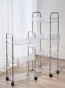 1pc Household Transparent Movable Cosmetic Small Cart Storage Rack, Large Capacity Multifunctional Bathroom Finishing Display Rack, Bathroom Accessories, Makeup Organizer Rolling Cart, Mobile Shelf For Office, Bathroom, Kitchen, & Living Room