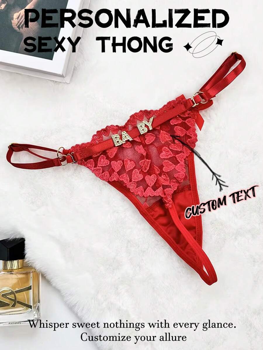 1pc Customized Metal Letter, Customized Name, Embroidered Lace Low-Waist Adjustable Panty, Sexy Thong - Red - View 1