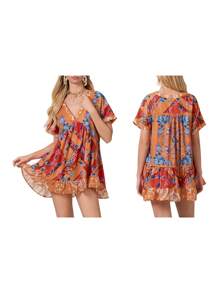 Womens Bohemian Babydoll Dress Casual Summer Floral Dresses Short Sleeve V Neck Sundress Flowy Ruffle Dress With Pockets