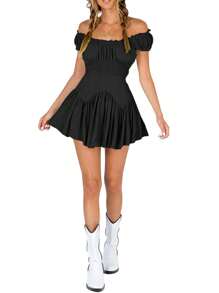 Women Flowy Pirate Dress Fairy Short Sleeve Y2k Off Shoulder Ruffle Corset Mini Dresses - 黑色 - 查看 2