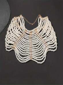 1pc Delicate & Elegant White Multi-Layer Faux Pearl Handmade Hollow Necklace & Body Chain, Adjustable Length, Suitable For Formal Wear & All Seasons