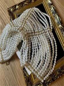 1pc Delicate & Elegant White Multi-Layer Faux Pearl Handmade Hollow Necklace & Body Chain, Adjustable Length, Suitable For Formal Wear & All Seasons