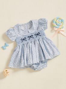Newborn Baby Girls Summer Romper Dress Bow Embroidery Floral Print Short Sleeve Sweet Princess Dress - 藍色 - 查看 4