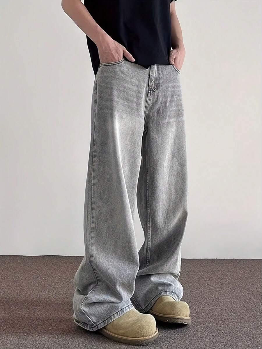 Men's Streetwear Loose Fit Light Grey Jeans - Light Grey - View 1