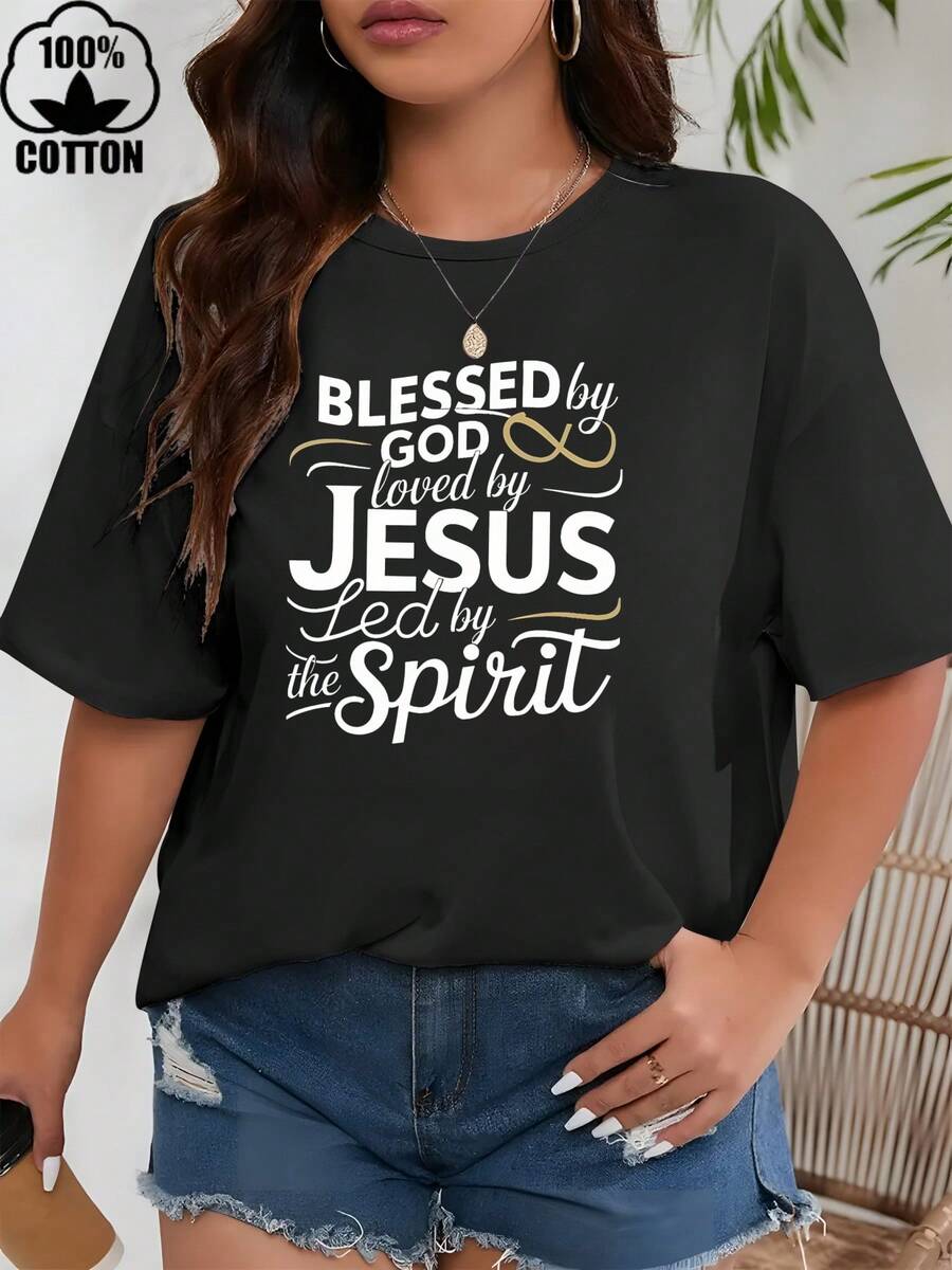 Happy Valentine'S Day Women's L Don't Need LuckI Have Jesus Christian T-Shirt, Women's 220g Round Neck Casual Heavy Pure Cotton T-Shirt (1 PC) - 黑色 - 查看 1