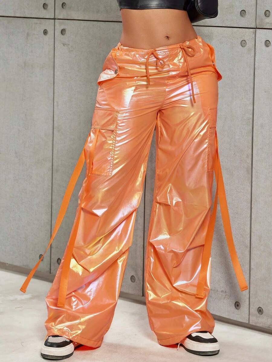 Rave Metallic Silver Drawstring High Waist Flap Pocket Pleated Detail Cargo Parachute Pants, Casual & Comfortable, Suitable For Valentine's Night - Sunshine Orange - View 1