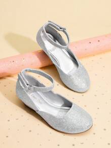 Girls Wedding Shoes | Dress Flats With Low Wedge Heel & Flower Ankle Strap For Toddler To Big Kid - Silver - View 2