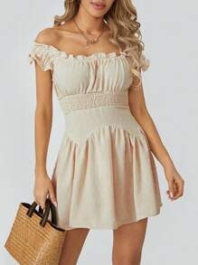 Women Flowy Pirate Dress Fairy Short Sleeve Y2k Off Shoulder Ruffle Corset Mini Dresses - 杏色 - 查看 8