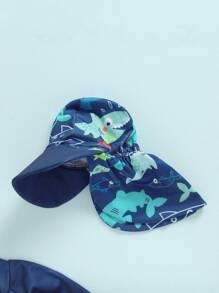Traje de baño para niño pequeño con gorro, 2 piezas, estampado de tiburón y pez, con cremallera, manga larga, cuello redondo, bañadores para bebé niño - Azul - Ver 7