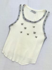 Round Neck Sleeveless Top With Butterfly Decoration - White - View 2