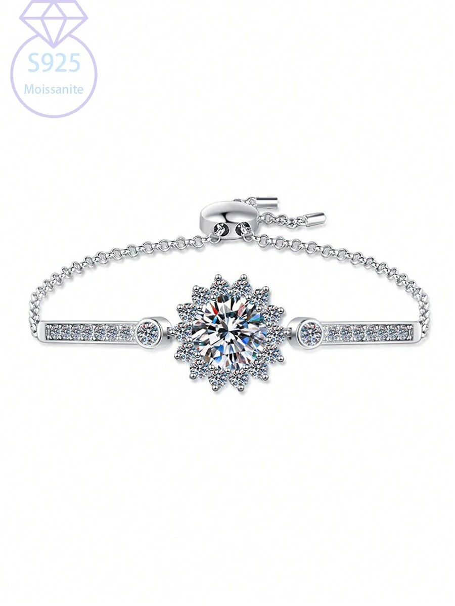 KAHOOT Pulsera de plata de ley 925 con moissanita de 5 quilates, diseño clásico y elegante de copo de nieve y girasol, adecuada para Año Nuevo y Año Nuevo, fiestas, gran regalo de joyería con aura, apropiada para parejas hombre y mujer, regalo con caja de regalo para el Día de San Valentín - Plateado - Ver 1
