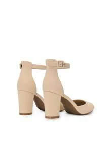 Women's Ankle Strap Closed Toe Chunky Heel Pumps Low Block Round Toe Solid Color Heels Elegant Bridal Wedding Dress Pumps Shoes - 杏色 - 查看 6