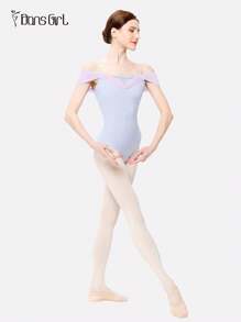 DonsGirl 1pc Women's Off Shoulder Ruched Mesh Front Ballet Leotard, Princess Style, Sweet & Bodycon - Baby Blue - View 3