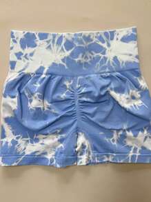 Summer Workout 1pc High-Waist Tie-Dye Booty-Lifting Quick-Dry Athletic Shorts, Breathable Fitness Yoga Running Compression Tights - Baby Blue - View 5