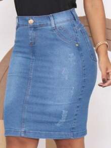 Women Denim Skirts - 淺色水洗藍 - 查看 3