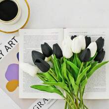10/20 件（2 种颜色）优质人造花，真实触感郁金香花束，婚礼房间家居酒店派对活动情人节新年礼物复活节人造花 - 黑色+白色 - 查看 2