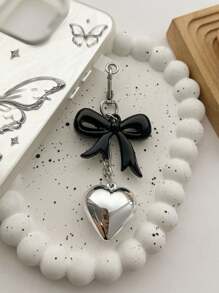 1pc Metal Silver Heart Shape Key Chain Creative Black Bowknot Design Couples Or Valentine's Day Gift Bag Accessories Bridesmaid Gifts Bows Y2K Accessories - Silver - View 2
