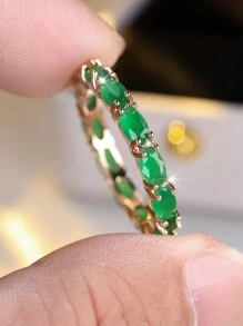 1pc Luxury Oval Cut Green Analog Jade Yellow Golden Plated Copper Ring, Perfect For Valentine's Day And Casual Attire, Suitable For All Seasons. - Green - View 7