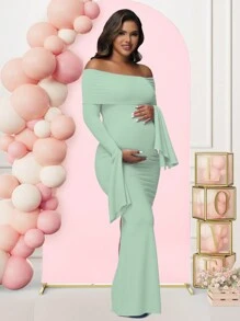 Maternity Long Sleeve Solid Color Off-Shoulder Dress For Baby Shower Photoshoot Party