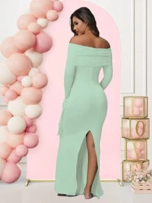 Maternity Long Sleeve Solid Color Off-Shoulder Dress For Baby Shower Photoshoot Party