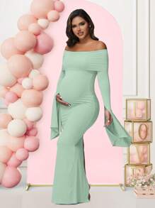 Maternity Long Sleeve Solid Color Off-Shoulder Dress For Baby Shower Photoshoot Party