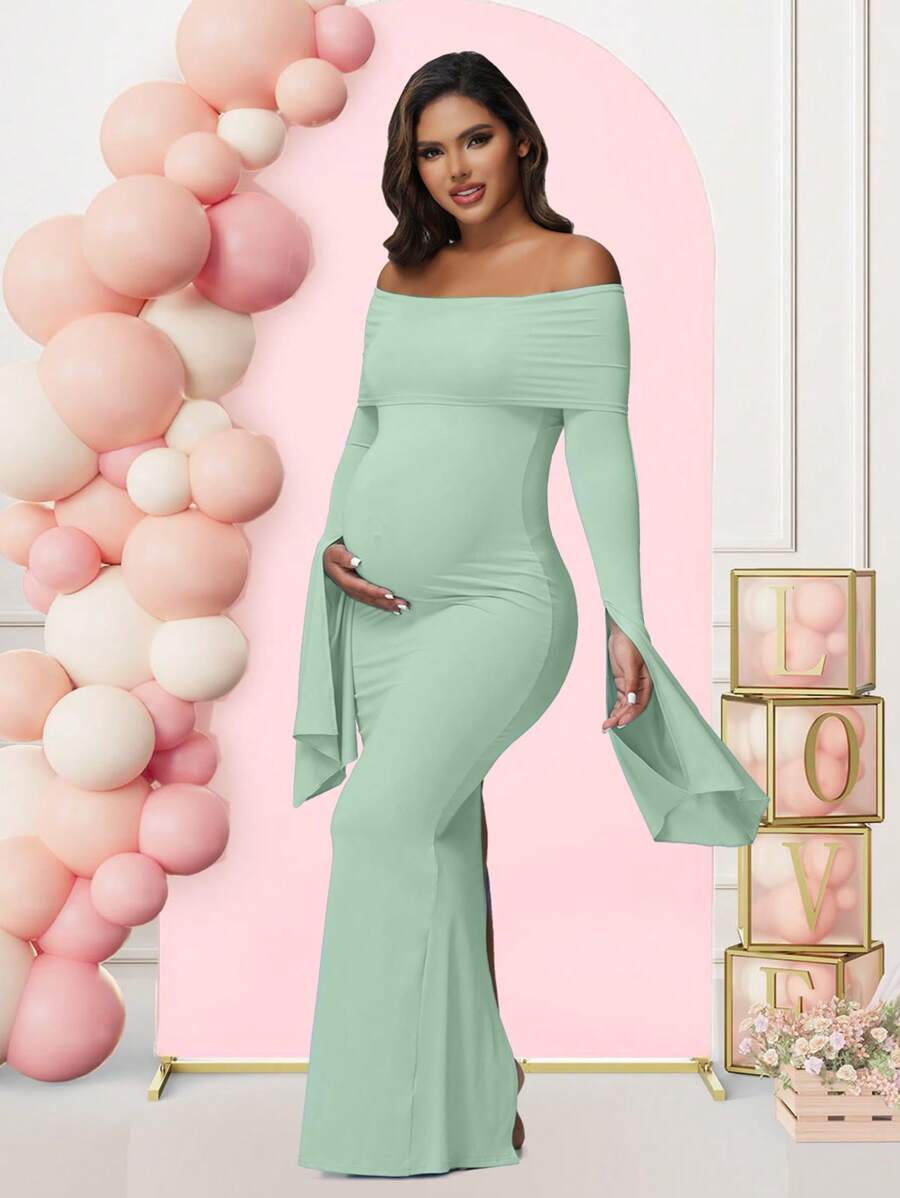 Maternity Long Sleeve Solid Color Off-Shoulder Dress For Baby Shower Photoshoot Party