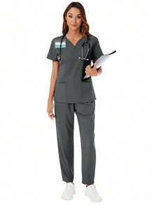 V-Neck Short Sleeve Top And Pocketed Pants Uniform Set, Scrub Set - Grey - View 5