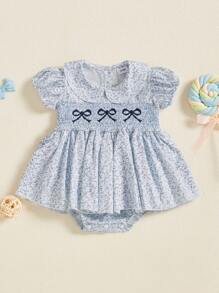 Newborn Baby Girls Summer Romper Dress Bow Embroidery Floral Print Short Sleeve Sweet Princess Dress - 藍色 - 查看 3