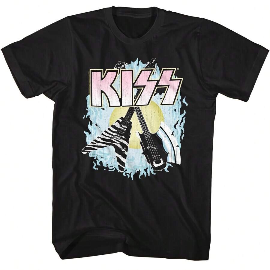 KISS T-Shirt Glam Rock Guitars Logo Merch Graphic Tees - Black - View 1