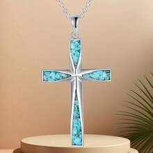 Turquoise Punk Style Green Stone Foldable Stainless Steel Cross Pendant Necklace For Women - Unique Gift For Friends And Girlfriends On Birthdays Or Holidays, Cross Necklace For Women, Necklace For Women, Jewellery For Women, Necklace For Lady, Necklace For Woman, Long Necklace For Women, Jewelry For Woman - Dây chuyền ngọc lam đen - Xem 2