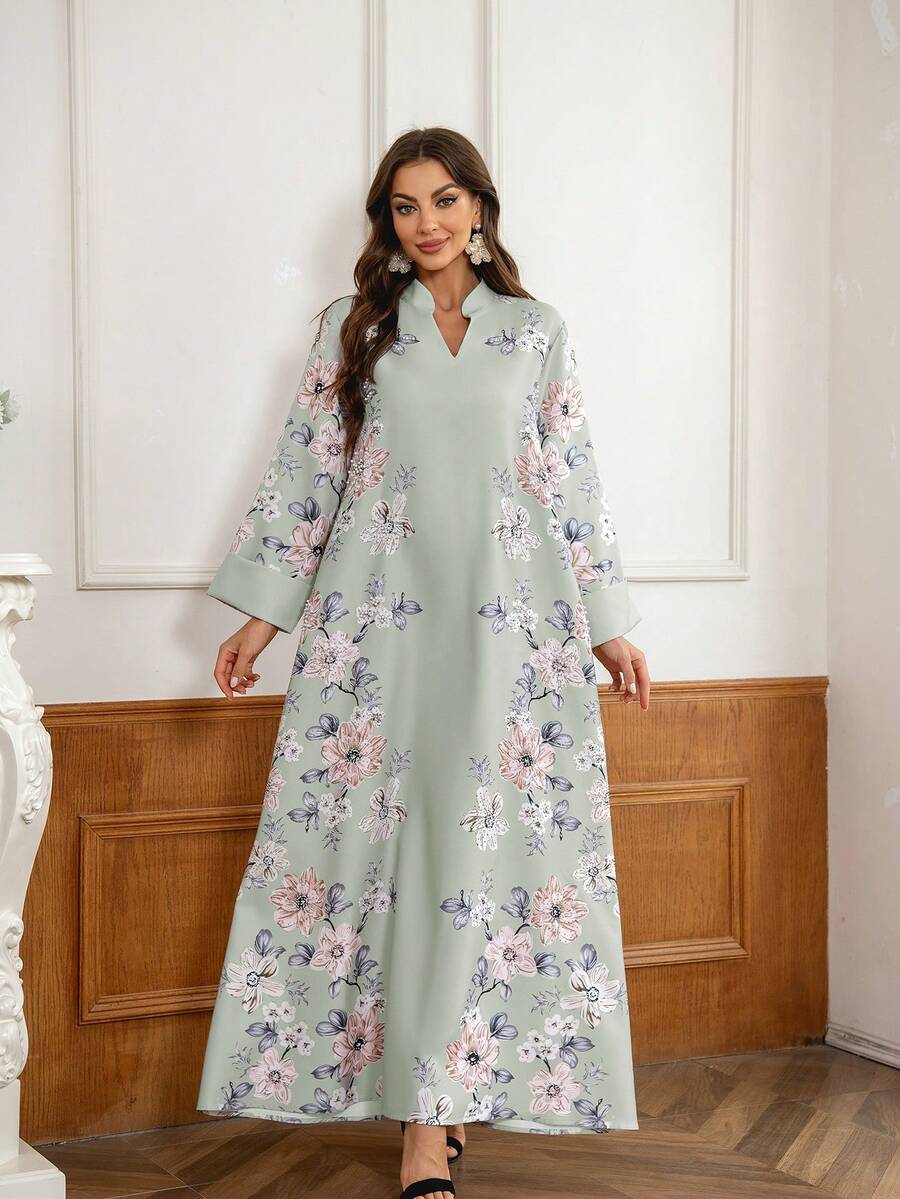 立领 V 领长裙，全身印花，厚实柔软的四向弹力面料，喇叭袖口，闪亮水钻装饰，优雅的阿拉伯女性 Jalabiya 端庄长袖阿拉伯连衣裙，卡夫坦 - 灰色 - 查看 1