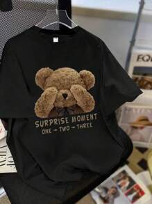 Tween Girls Casual Minimalist Cartoon Bear Graphic Logo Print Crew Neck Short Sleeve T-Shirt, New Spring/Summer Collection - Black - View 1