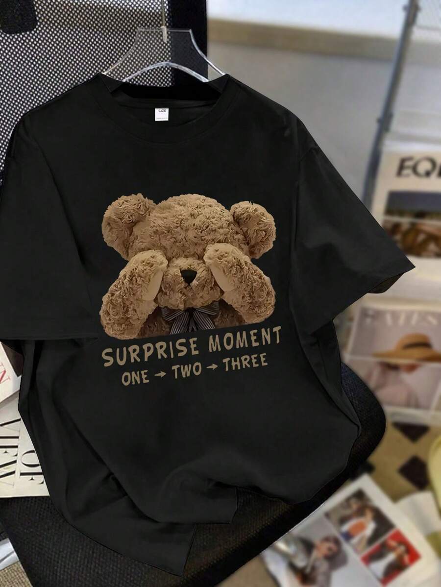 Tween Girls Casual Minimalist Cartoon Bear Graphic Logo Print Crew Neck Short Sleeve T-Shirt, New Spring/Summer Collection - Black - View 1