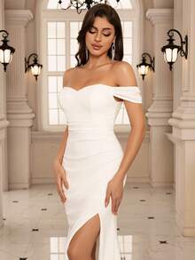 EVERLYL 露肩前开衩纯色优雅婚纱，新娘 - 白色 - 查看 7