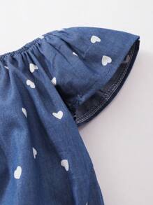 1-18个月女婴无袖牛仔色爱心印花连体衣和发带套装