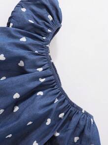 1-18个月女婴无袖牛仔色爱心印花连体衣和发带套装